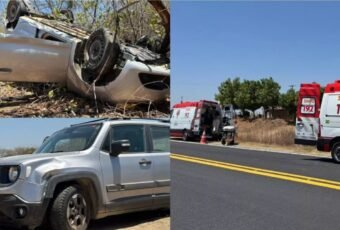 Colisão entre veículos termina em capotamento e deixa três feridos na BR-361, em Santa Terezinha